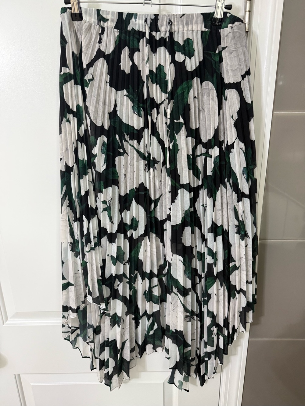 The Kooples Pleated Asymmetrical Skirt in Black, White & Green